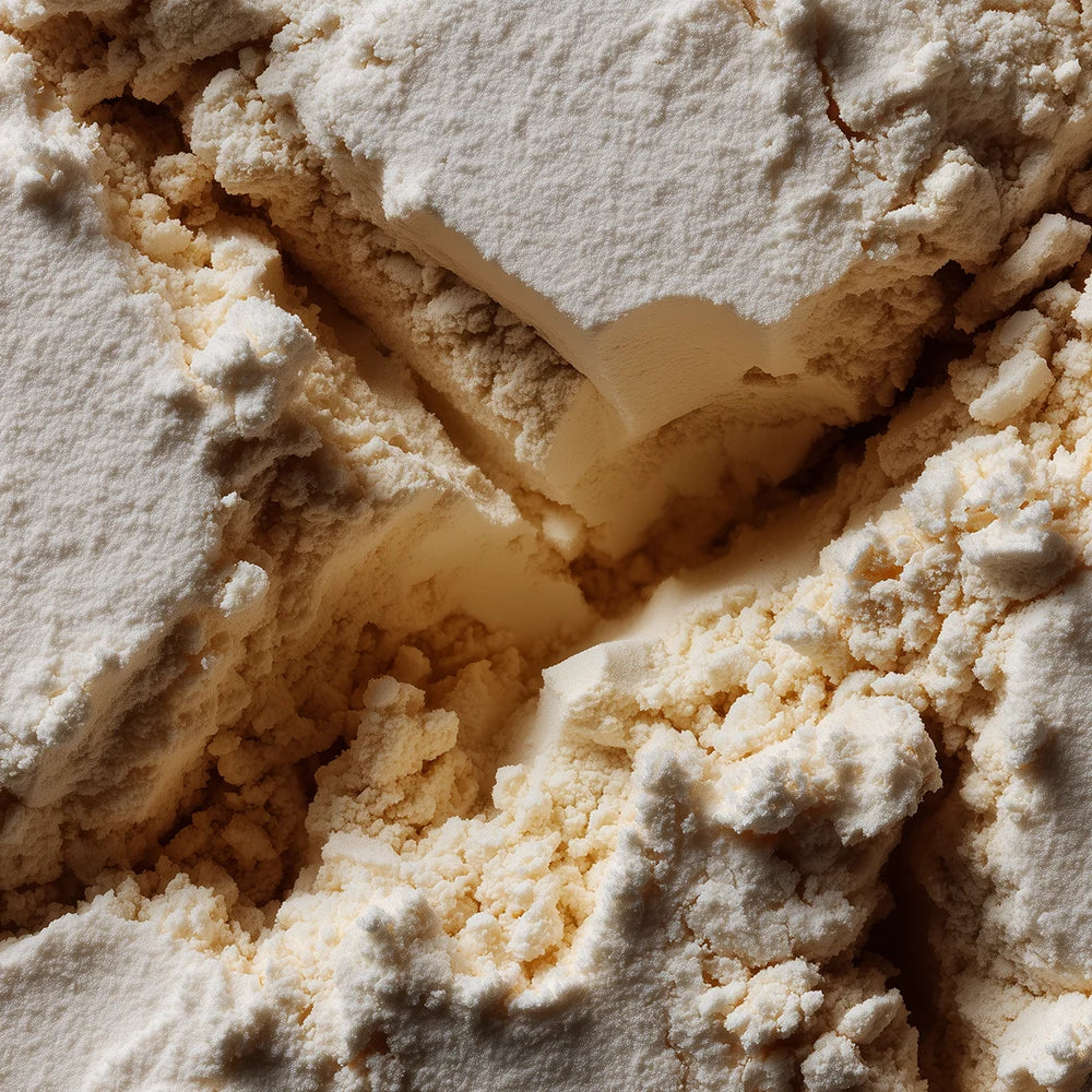 Nahaufnahme von proteinreichem Pulver mit dichter, krümeliger Textur.