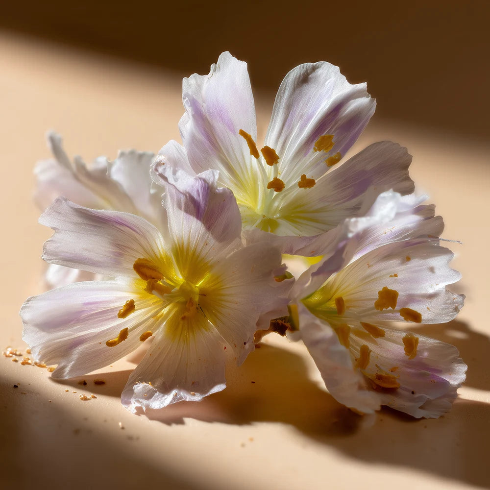 Weiße Blüten mit gelbem Zentrum und Staubblättern auf einer beige Oberfläche in hellem Licht.